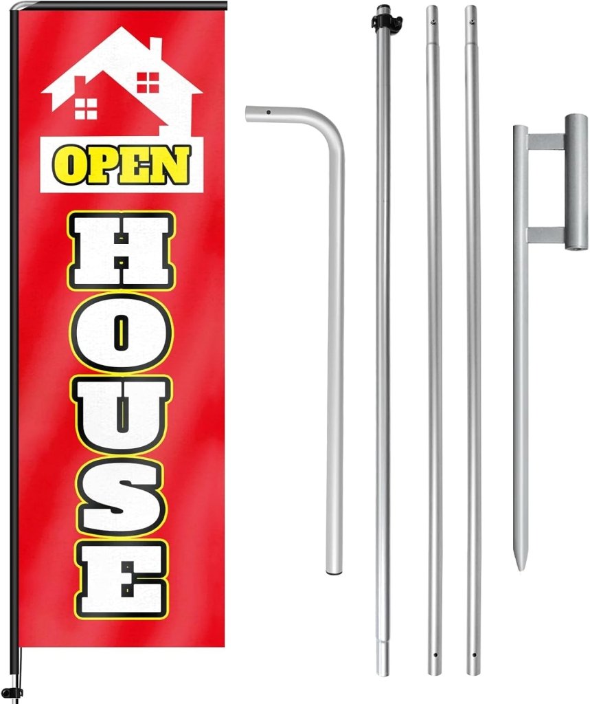 11FT Open House Rectangle Flag Banners with Pole and Ground Stake (Red)