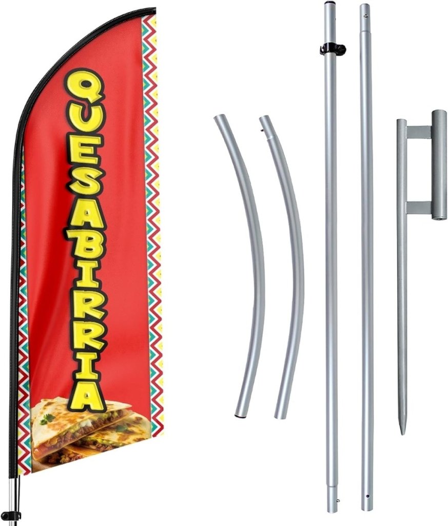 11ft Quesabirria Feather Flag Kit - Advertising Banner with Pole, Stake, and Food Sign - FSFlag