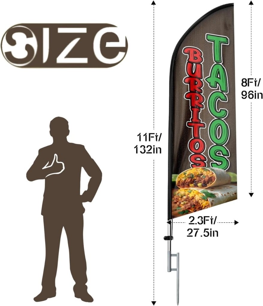 11ft Tacos Burritos Feather Flag Kit with Food Sign - Advertising Banner Set - FSFlag