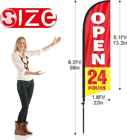 FSFLAG Open 24 Hours Advertising Swooper Flag Banner, Open 24 Hours Feather Flag with Flag Pole and Ground Stake, Advertising Feather Banner Sign for Open 24 Hours Business 8Ft