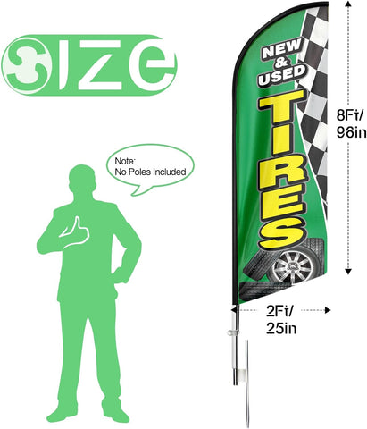 New&Used Tires Feather Flag: Advertising Banner for New&Used Tires Business (8ft, Green)