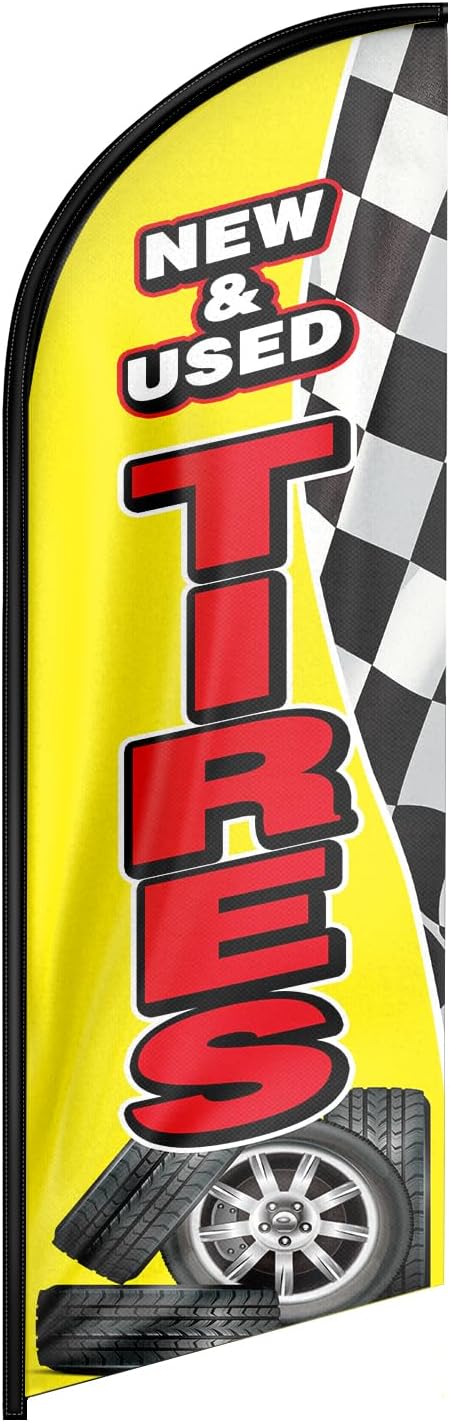 New&Used Tires Feather Flag: Advertising Banner for New&Used Tires Business (8ft, Yellow)