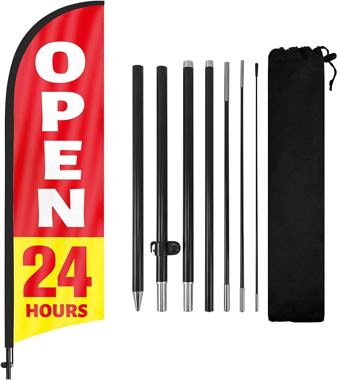 FSFLAG Open 24 Hours Advertising Swooper Flag Banner, Open 24 Hours Feather Flag with Flag Pole and Ground Stake, Advertising Feather Banner Sign for Open 24 Hours Business 8Ft