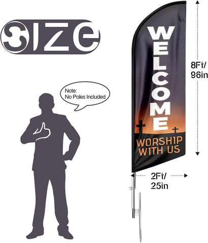 Welcome Worship With Us Feather Flag: Advertising Banner for Welcome Worship With Us Business (8ft, Black)
