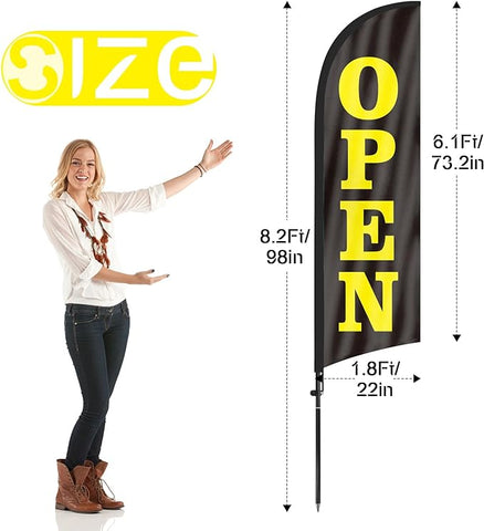 FSFLAG Open Feather Flag, Open Flag for Business with Pole and Ground Stake 8FT, Open Signs Swooper Flag Advertisng Feather Banner for Outside Businesses Black