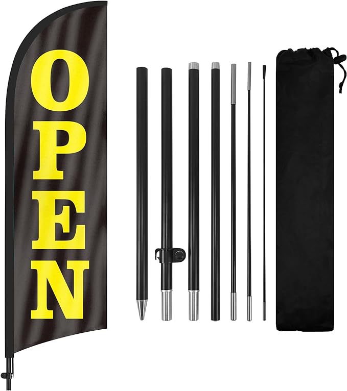 FSFLAG Open Feather Flag, Open Flag for Business with Pole and Ground Stake 8FT, Open Signs Swooper Flag Advertisng Feather Banner for Outside Businesses Black