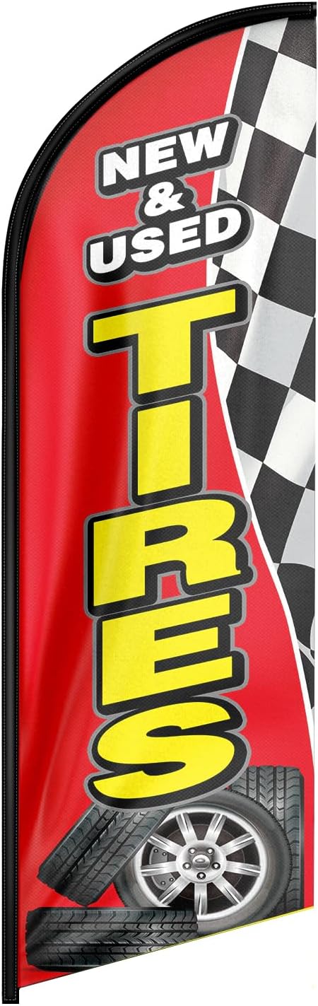 New & Used Tires Feather Flag: Advertising Banner for New & Used Tires Business (8ft, Red)