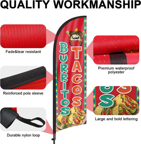 8ft Tacos Burritos Feather Flag Kit - Advertising Banner with Pole and Stake