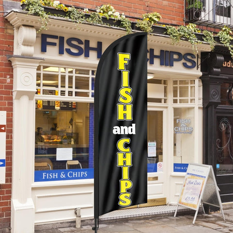8ft Fish and Chips Feather Flag Kit - Advertising Banner with Pole and Stake
