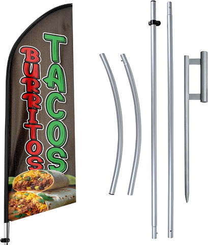 11ft Tacos Burritos Feather Flag Kit with Food Sign - Advertising Banner Set