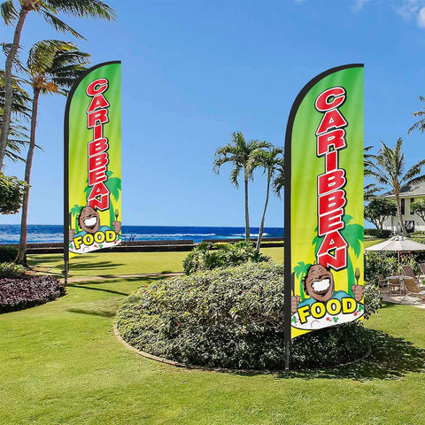 8ft Caribbean Food Feather Flag Kit - Advertising Banner with Pole and Stake