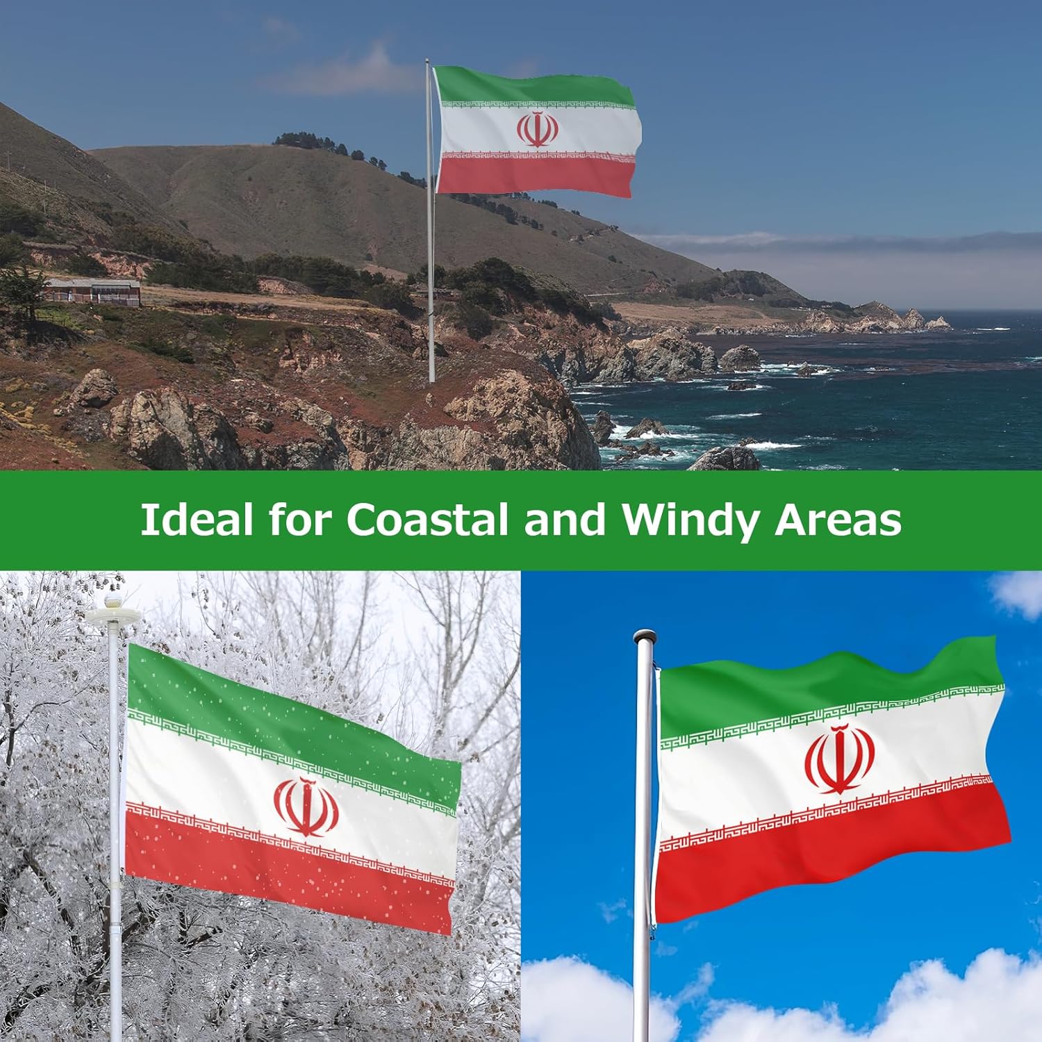 Iran Iranian Flag for Outside, 400D Heavy Duty Polyester, Double-Sided Printing, Quadruple Stitched Fly Hem, Fade Resistant, 2 Brass Grommets