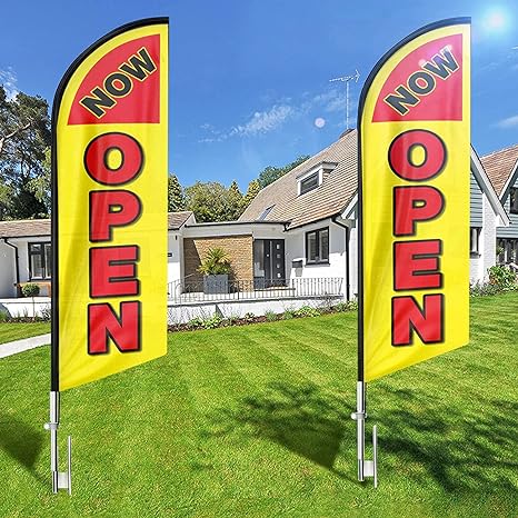 FSFLAG  with Pole and Ground Stake, 11Ft Now Open Advertising Feather Banner Sign for Businesses