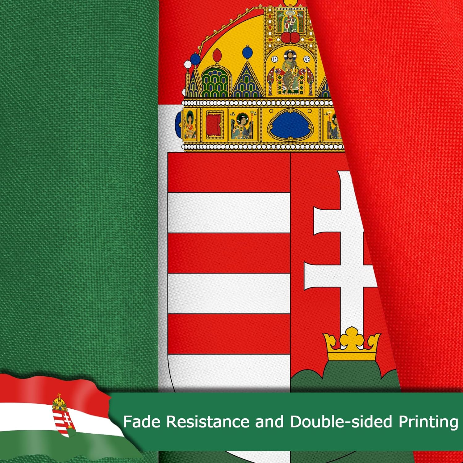 Hungary Coat of Arms Flag for Outside, 400D Heavy Duty Polyester, Double-Sided Printing, Quadruple Stitched Fly Hem, Fade Resistant, 2 Brass Grommets