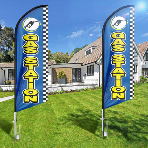 Gas Station Feather Flag: Advertising Banner for Gas Station Business (8ft, Blue)