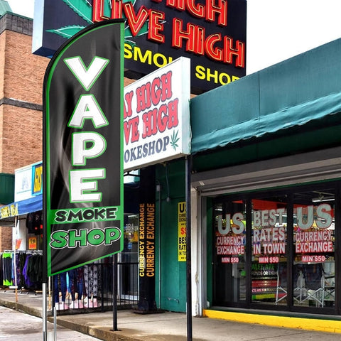 Vape Smoke Shop Feather Flag: Advertising Banner for Vape Smoke Shop Business (8ft, Black)