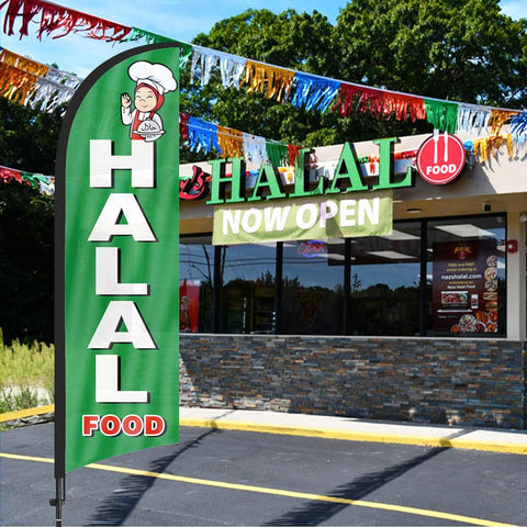 8ft Halal Food Feather Flag Kit - Advertising Banner with Pole and Stake