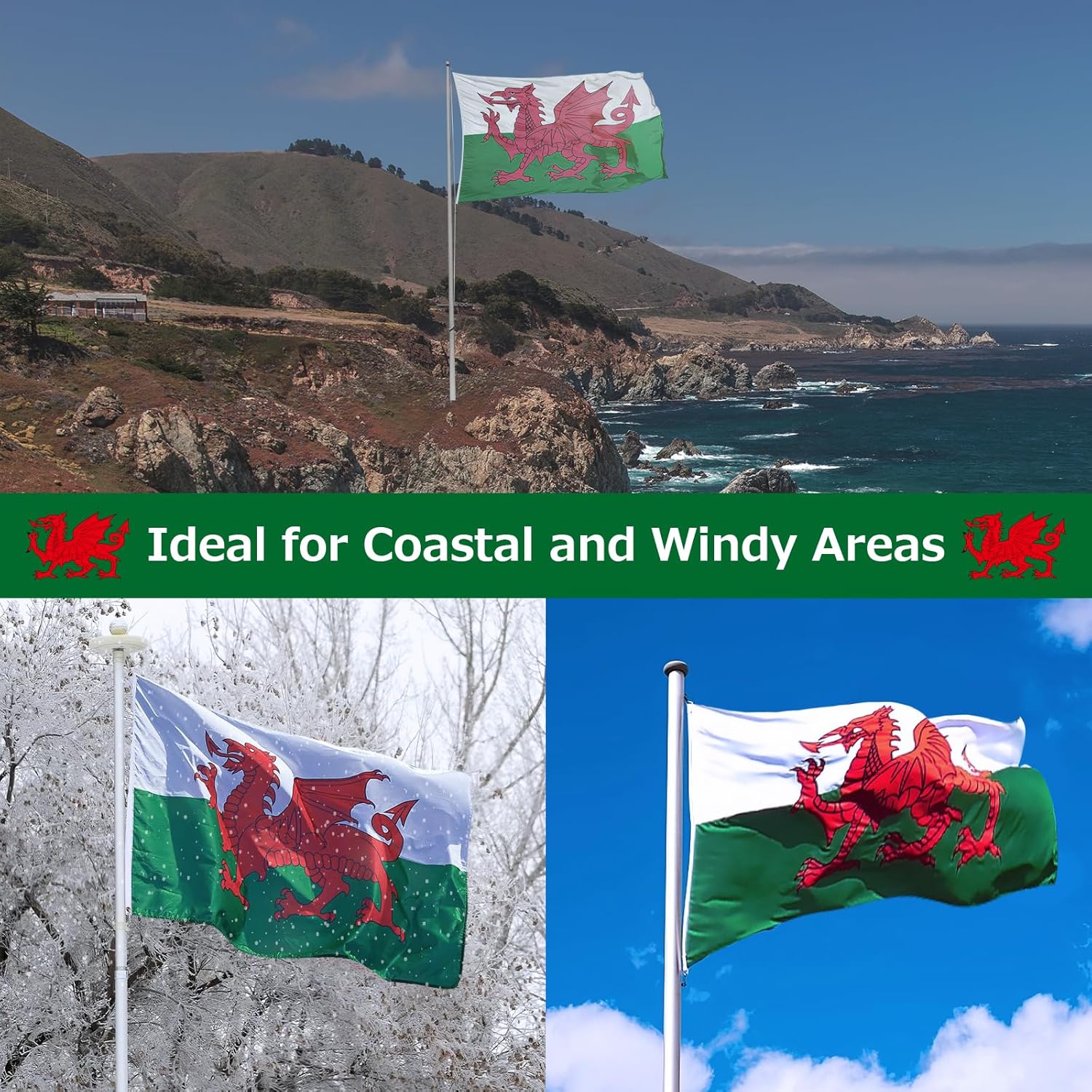 Wales Welsh Flag for Outside, 400D Heavy Duty Polyester, Double-Sided Printing, Quadruple Stitched Fly Hem, Fade Resistant, 2 Brass Grommets