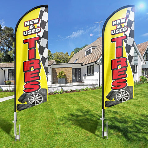 New&Used Tires Feather Flag: Advertising Banner for New&Used Tires Business (8ft, Yellow)