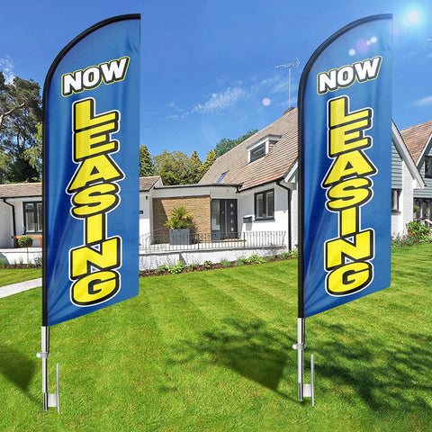 8FT Blue Now Leasing Swooper Flag Banner - Eye-catching Feather Banner Sign