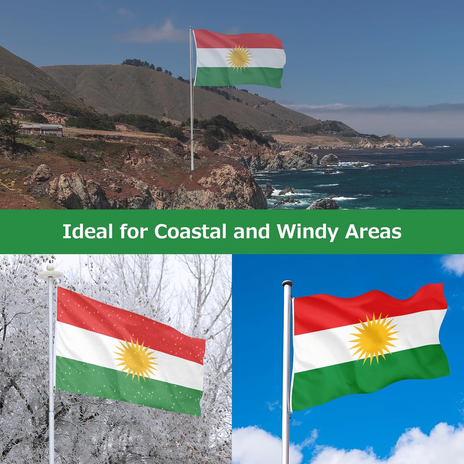Kurdistan Region Flag for Outside, 400D Heavy Duty Polyester, Double-Sided Printing, Quadruple Stitched Fly Hem, Fade Resistant, 2 Brass Grommets