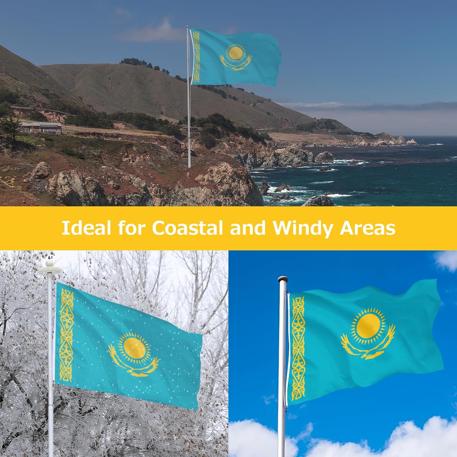 Kazakhstan Kazakhstani Flag for Outside, 400D Heavy Duty Polyester, Double-Sided Printing, Quadruple Stitched Fly Hem, Fade Resistant, 2 Brass Grommets