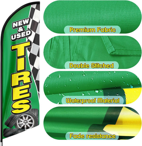 New&Used Tires Feather Flag: Advertising Banner for New&Used Tires Business (8ft, Green)