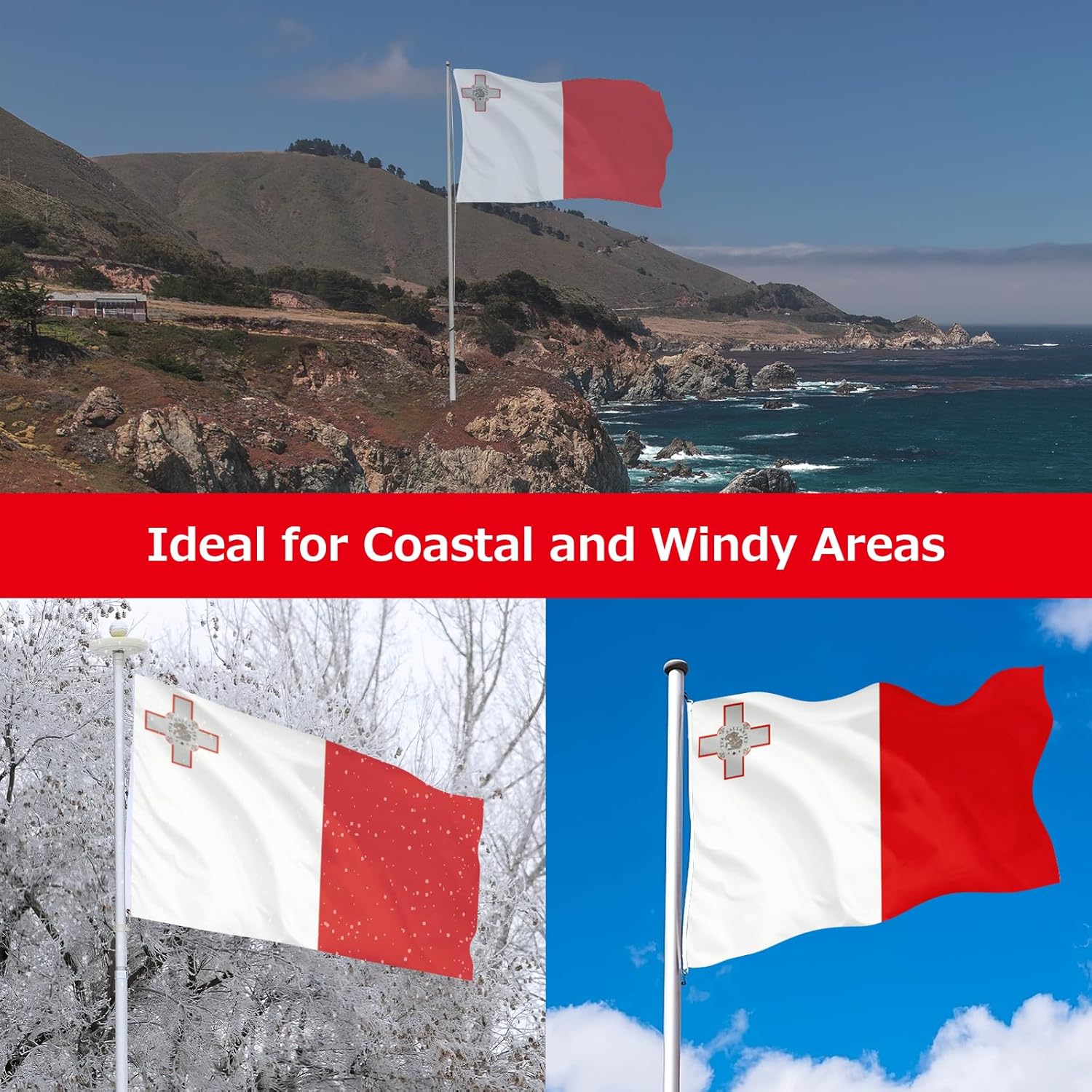 Malta Maltese Flag for Outside, 400D Heavy Duty Polyester, Double-Sided Printing, Quadruple Stitched Fly Hem, Fade Resistant, 2 Brass Grommets