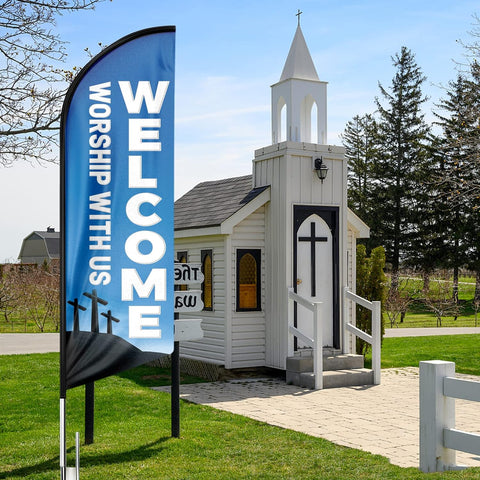 Welcome Worship With Us Feather Flag: Advertising Banner for Welcome Worship With Us Business (8ft, Blue)