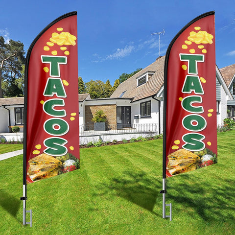 11ft Tacos Feather Flag Kit - Advertising Banner with Pole and Stake - Food Sign