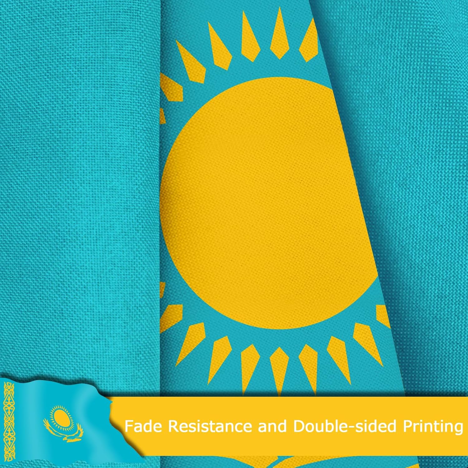Kazakhstan Kazakhstani Flag for Outside, 400D Heavy Duty Polyester, Double-Sided Printing, Quadruple Stitched Fly Hem, Fade Resistant, 2 Brass Grommets