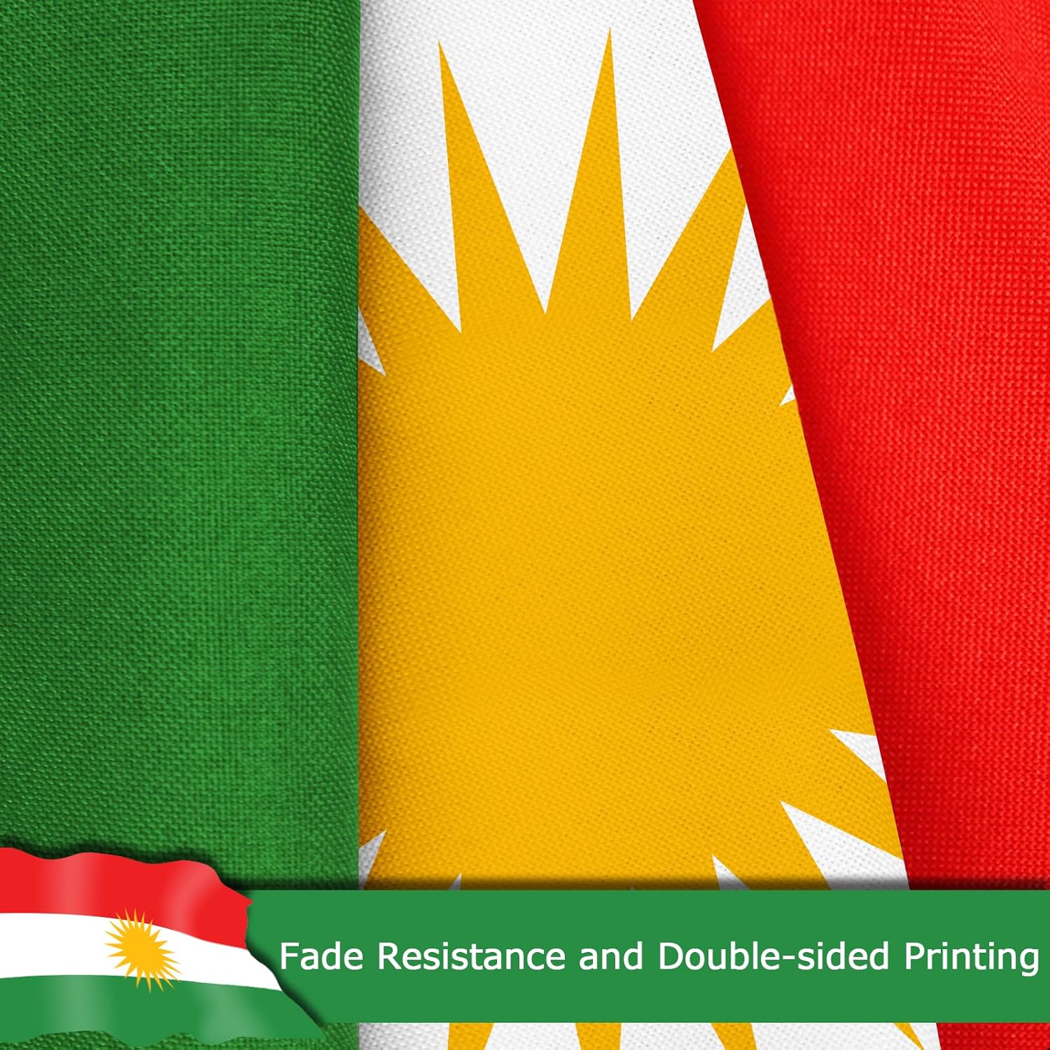 Kurdistan Region Flag for Outside, 400D Heavy Duty Polyester, Double-Sided Printing, Quadruple Stitched Fly Hem, Fade Resistant, 2 Brass Grommets