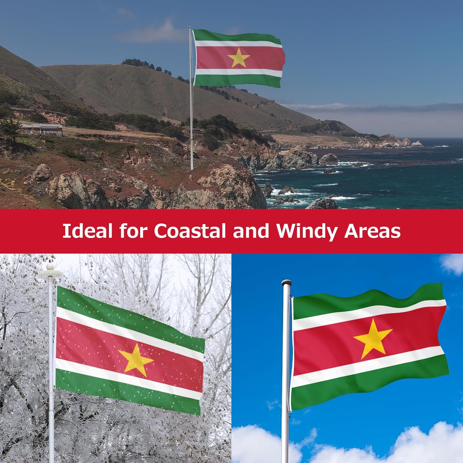 Suriname Surinamese Flag for Outside, 400D Heavy Duty Polyester, Double-Sided Printing, Quadruple Stitched Fly Hem, Fade Resistant, 2 Brass Grommets