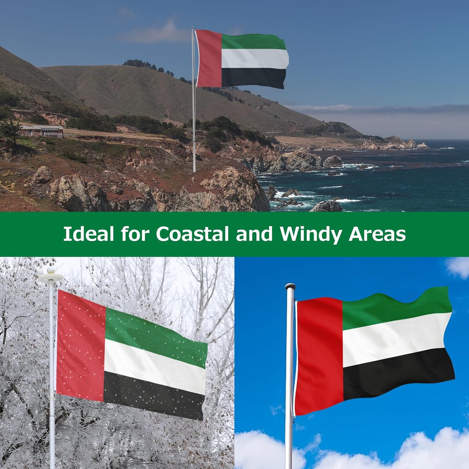 United Arab Emirates Emirati Flag for Outside, 400D Heavy Duty Polyester, Double-Sided Printing, Quadruple Stitched Fly Hem, Fade Resistant, 2 Brass Grommets