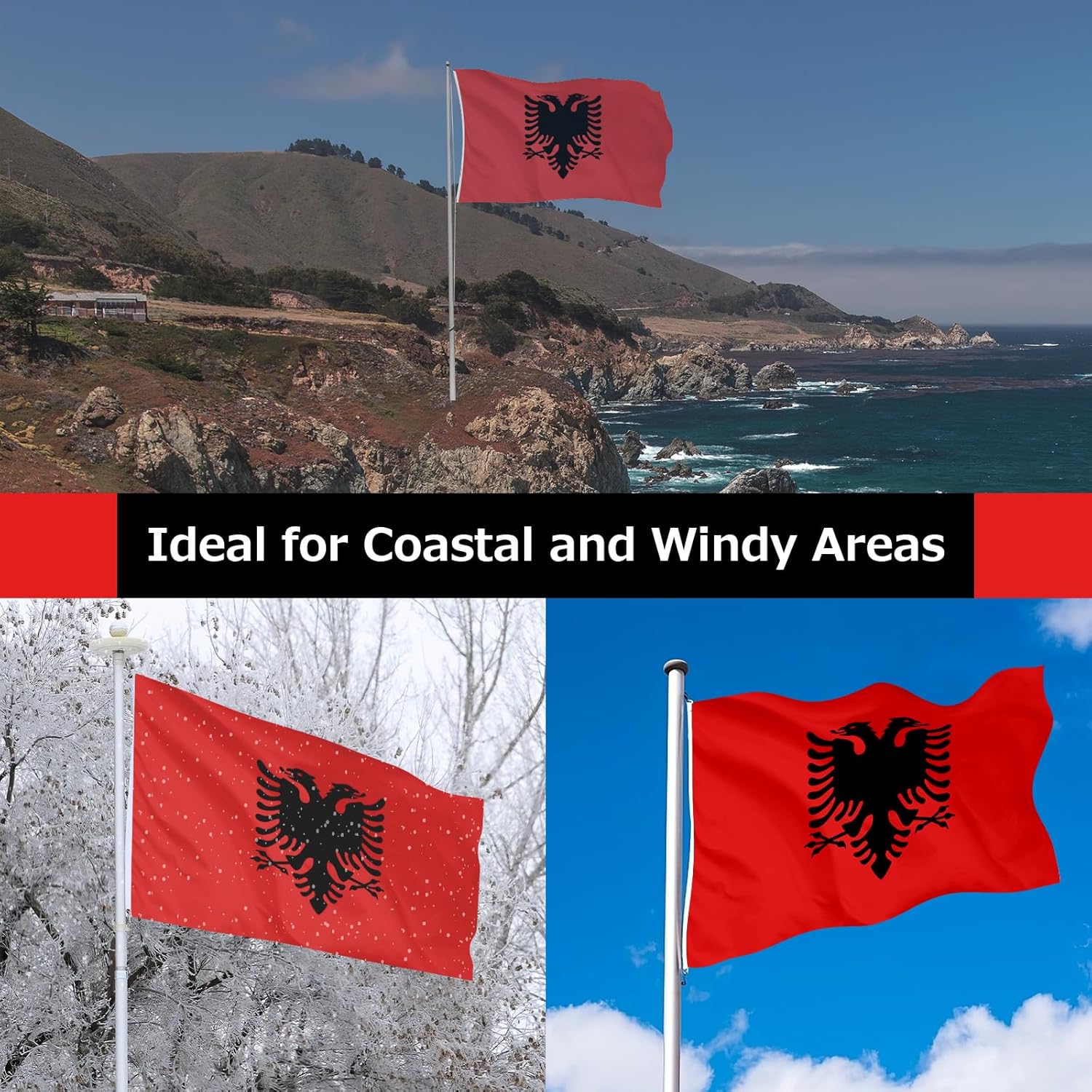 Albania Albanian Flag for Outside, 400D Heavy Duty Polyester, Double-Sided Printing, Quadruple Stitched Fly Hem, Fade Resistant, 2 Brass Grommets