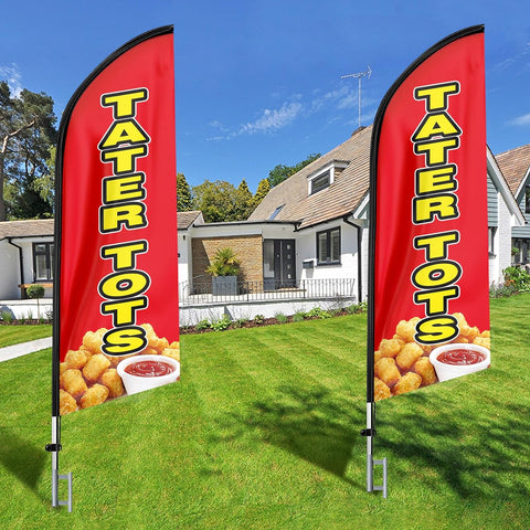 11ft Tater Tots Feather Flag Kit with Snack Sign - Advertising Banner, Pole, and Stake