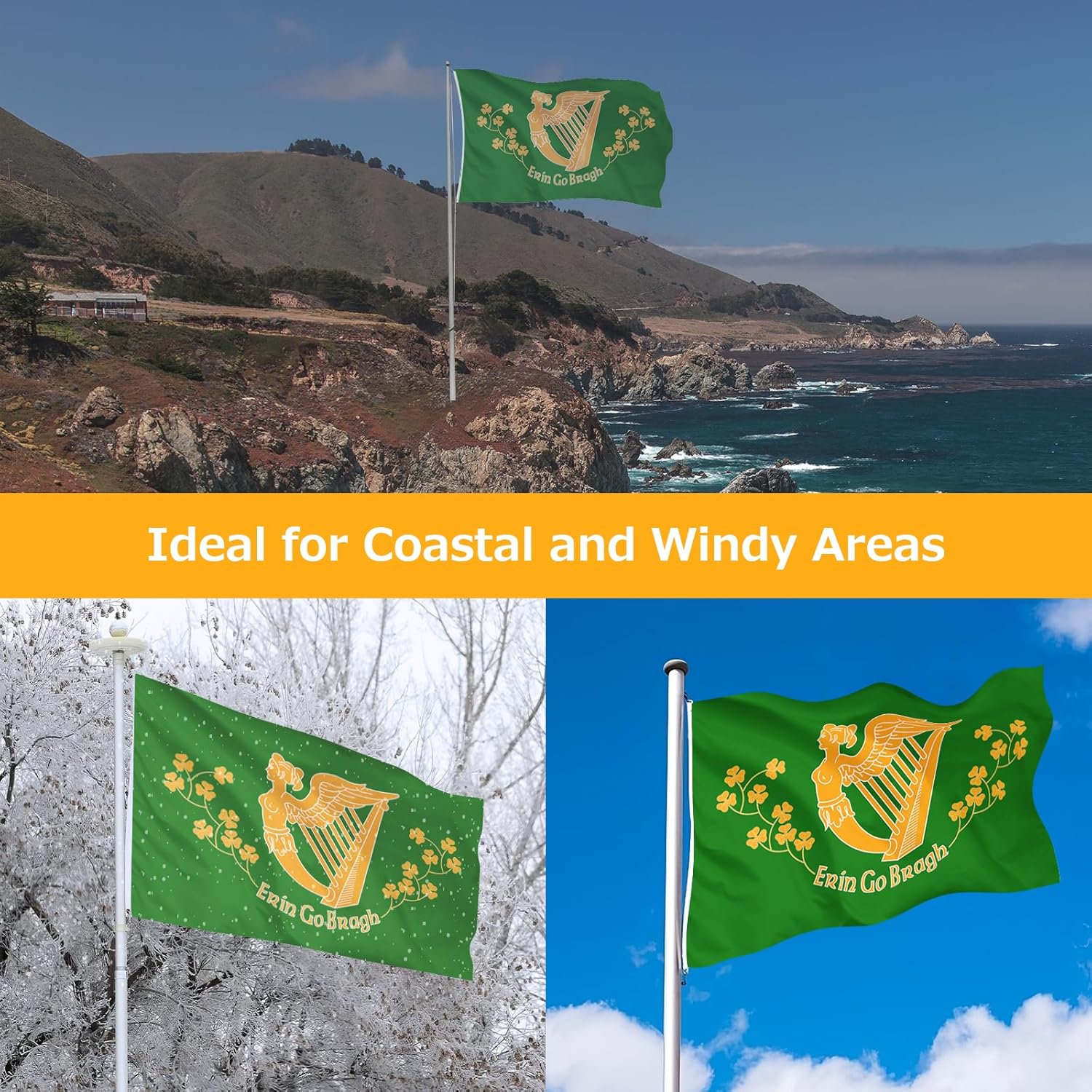 Erin Go Bragh Flag for Outside, 400D Heavy Duty Polyester, Double-Sided Printing, Quadruple Stitched Fly Hem, Fade Resistant, 2 Brass Grommets