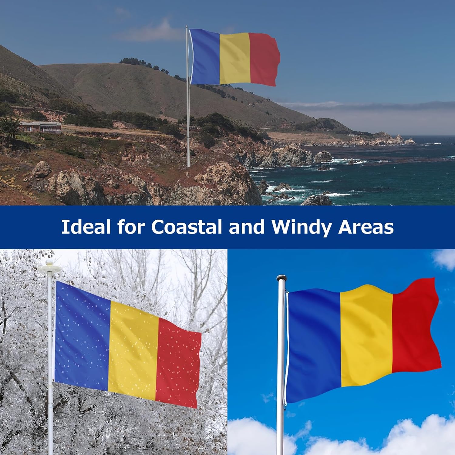 Romania Romanian Flag for Outside, 400D Heavy Duty Polyester, Double-Sided Printing, Quadruple Stitched Fly Hem, Fade Resistant, 2 Brass Grommets