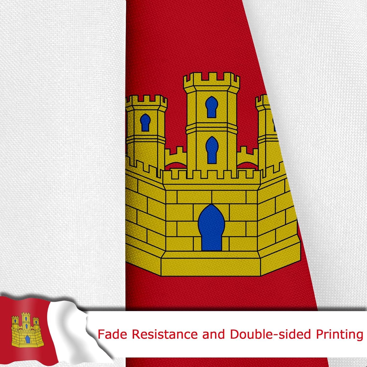 Spain Castile La Mancha Flag for Outside, 400D Heavy Duty Polyester, Double-Sided Printing, Quadruple Stitched Fly Hem, Fade Resistant, 2 Brass Grommets