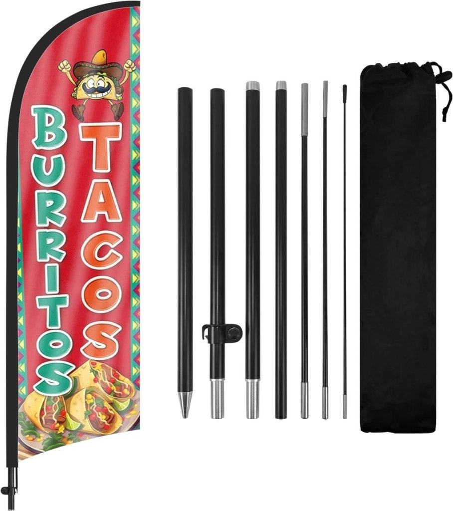 8ft Tacos Burritos Feather Flag Kit with Food Sign - Advertising Banner Set - FSFlag