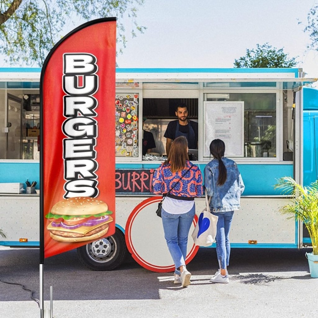 Burgers Sign - 8ft Burgers Feather Flag!(Flagpole Not Included) - FSFlag