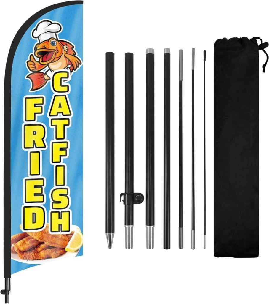 Fried Catfish Flag Kit - 8ft Fried Catfish Feather Flag with Pole and Stake - FSFlag
