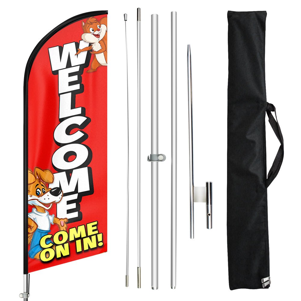 Welcome Come On In Sign - 11ft Red Welcome Come Feather Flag Pole Kit - FSFlag