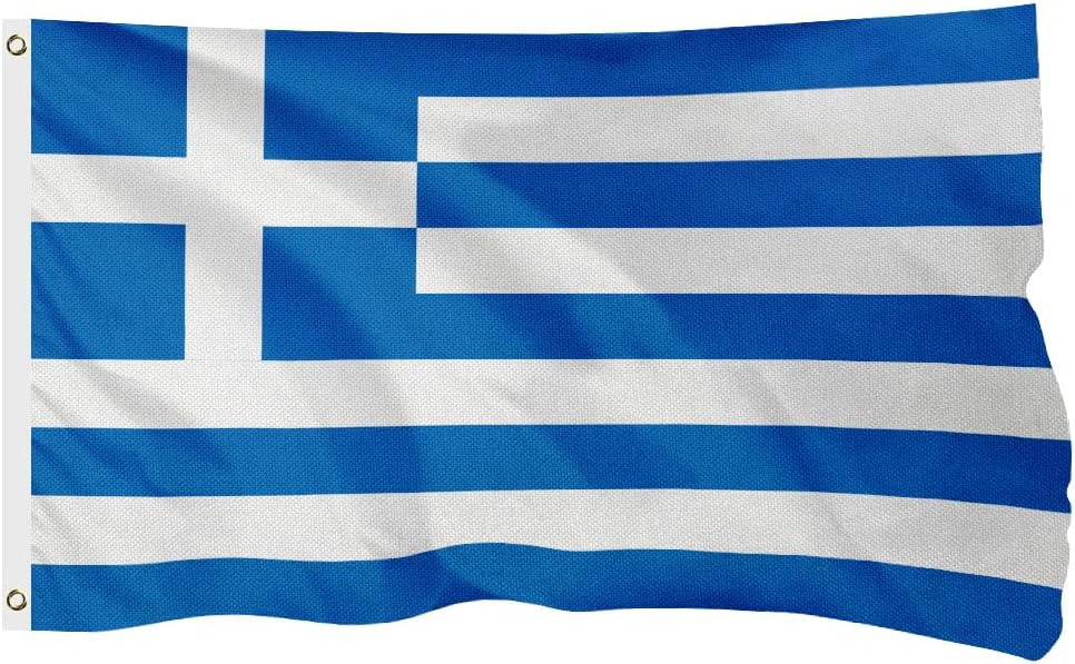 Greece Greek Flag for Outside, 400D Heavy Duty Polyester, Double - Sided Printing, Quadruple Stitched Fly Hem, Fade Resistant, 2 Brass Grommets