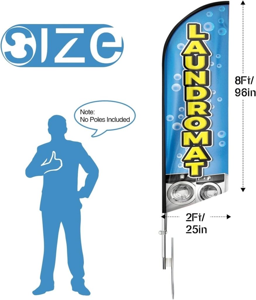 Laundromat Signs - 8ft Blue Laundromat Feather Flag for Business(Flagpole Not Included) - FSFlag