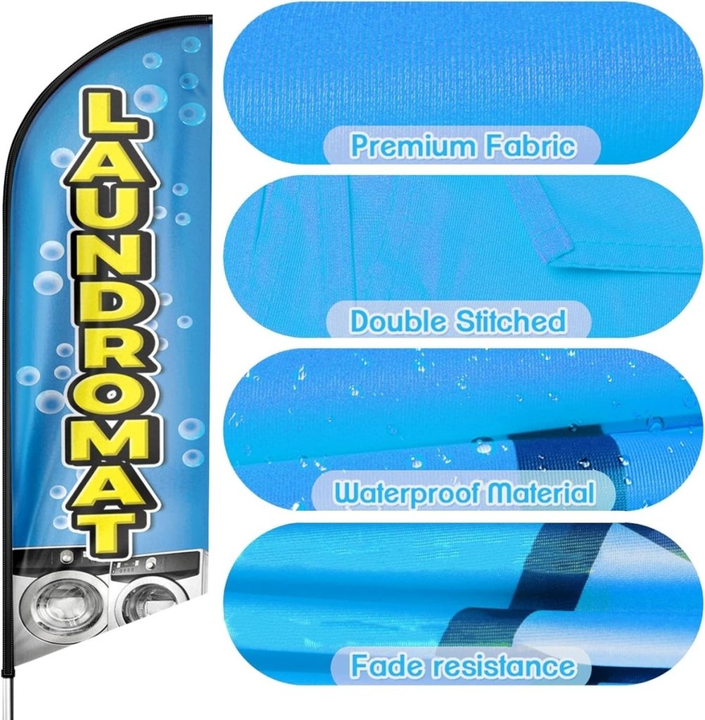 Laundromat Signs - 8ft Blue Laundromat Feather Flag for Business(Flagpole Not Included) - FSFlag