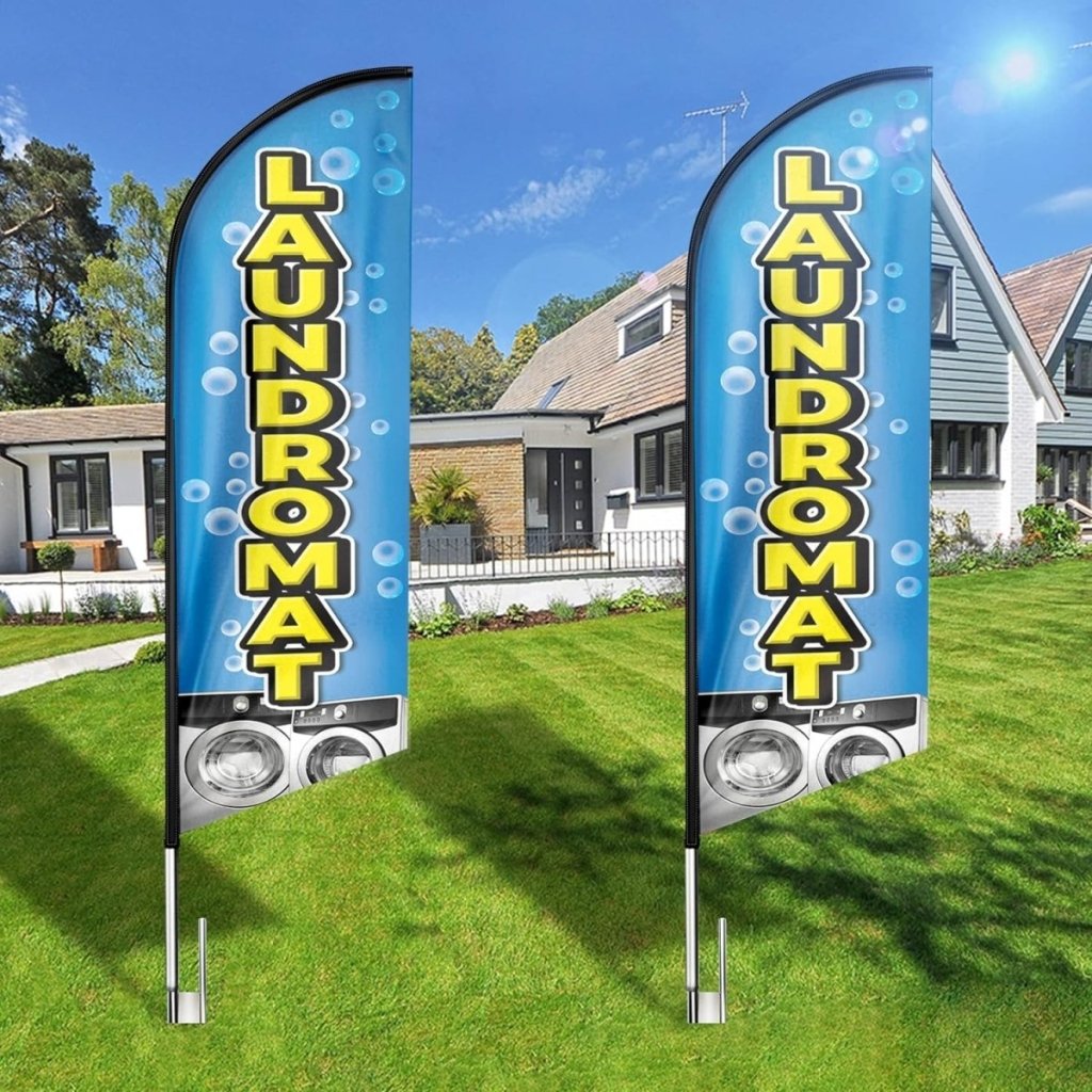 Laundromat Signs - 8ft Blue Laundromat Feather Flag for Business(Flagpole Not Included) - FSFlag