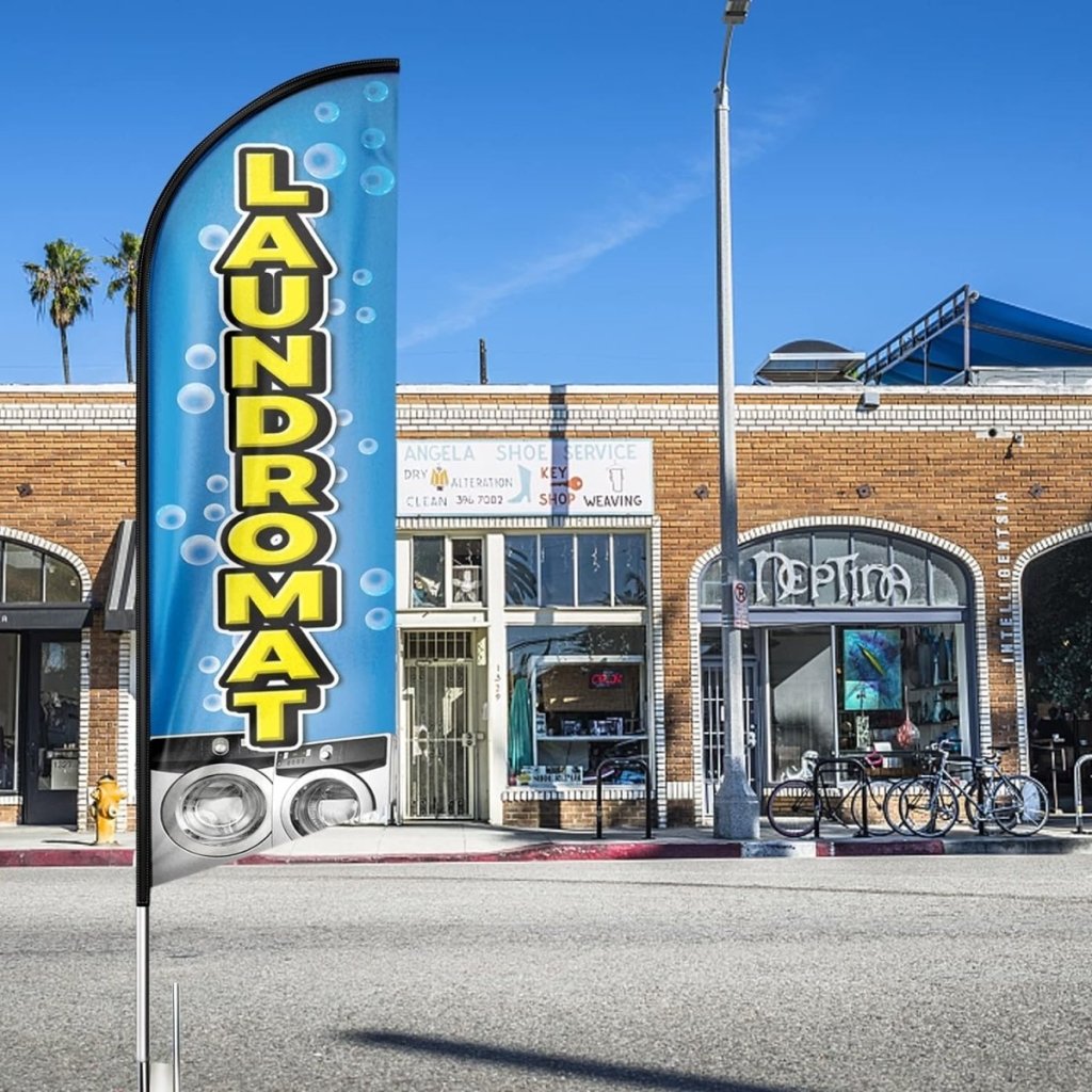 Laundromat Signs - 8ft Blue Laundromat Feather Flag for Business(Flagpole Not Included) - FSFlag
