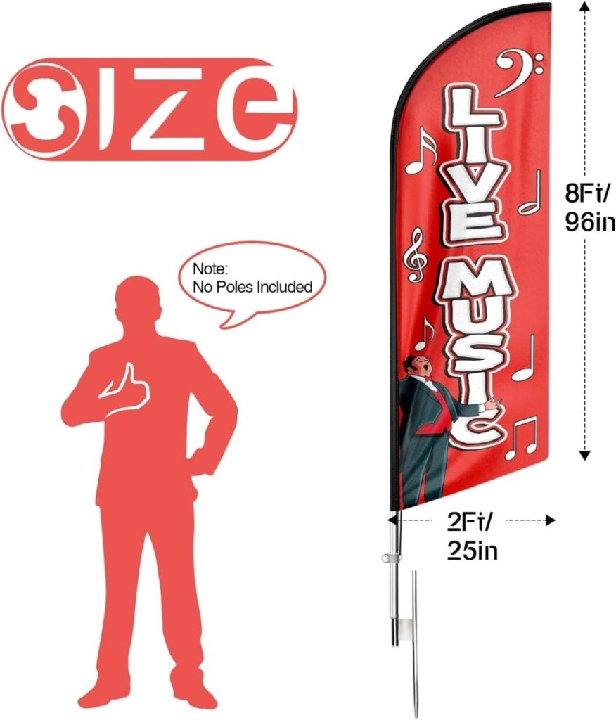 Live Music Sign - 8ft Live Music Feather Flag for Live Music Business(Flagpole Not Included) - FSFlag