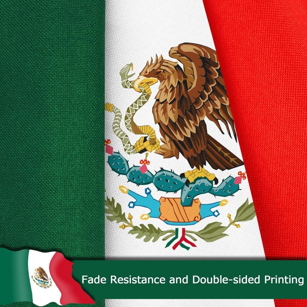 Mexico Mexican Flag for Outside, 400D Heavy Duty Polyester, Double - Sided Printing, Quadruple Stitched Fly Hem, Fade Resistant, 2 Brass Grommets